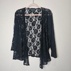Brandon Thomas Black Lace Open Front Cardigan Top Size L Whimsygoth Feminine